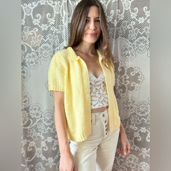 Vintage LeRoy Knitwear Acrylic Open Front Short Sleeve Yellow Cardigan - Picture 4 of 13